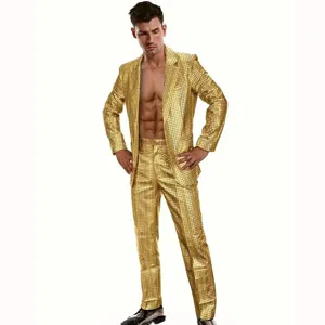 Mens gold sequin foil suit jacket pants set for disco stage party performance costume