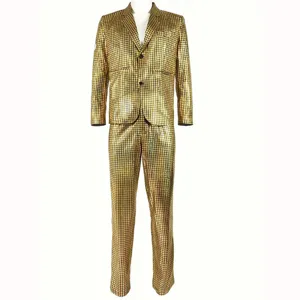 Gold sequin shiny fabric detail of mens disco party stage performance suit jacket texture.