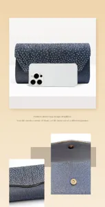 Close-up view showing exquisite rhinestone glitter texture and metal magnetic snap closure details.