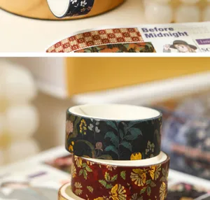 Retro botanisches Washi Tape Set für Tagebuch Collage und Dekoration, dunkle Blumenmuster.