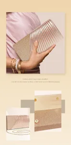 Close-up view of the sparkling pleated clutch bag, showing exquisite texture and chain strap.