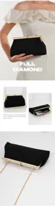 Elegant black evening clutch bag with rhinestone gold frame chain cross body bag for women