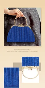 Blue glitter pleated evening clutch detail showing fine fabric texture and metal frame.