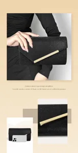 Close-up details of black glitter evening clutch bag with sleek metal bar and fine fabric.