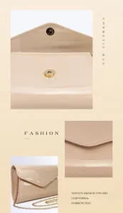 Patent leather cosmetic bag detail showing envelope flap design, gold snap and chain strap.