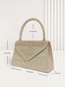 Elegant rhinestone evening bag with sparkling crystals, top handle, and flap closure.