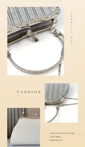 Silver glitter pleated evening clutch bag with metal frame handle and chain detail for women.