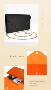 Detailed view of women envelope clutch bag interior capacity and magnetic snap closure.