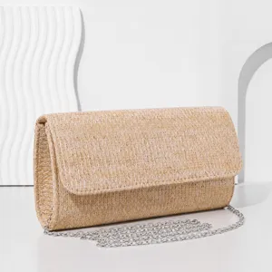 Pochette de Soirée Tissée en Paille Été Mode Chic Chaîne Métal Sac Bandoulière Femme