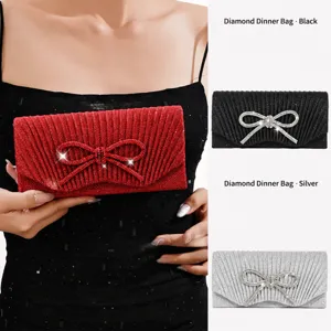 Women Rhinestone Bow Pleated Evening Bag Luxury Sparkly Clutch Purse Wedding Party Chain Shoulder Bag