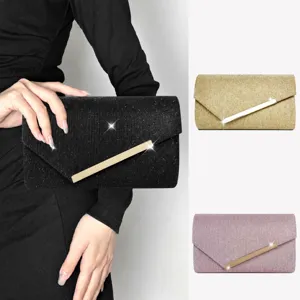 Fashion Simple Metal Strip Square Bag Sparkling Fabric Magnetic Buckle Flap Evening Bag Women Elegant Handbag