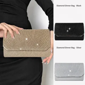 Women Fashion Glitter Pleated Evening Bag Solid Color Clutch Crossbody Chain Bag Elegant Party Wedding Handbag