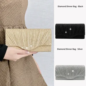 Women's Sparkling Glitter Evening Bag Pleated Three-Fold Clutch Purse Fashion Party Prom Handbag With Chain Strap