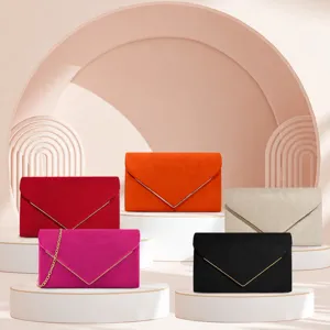 Women suede envelope clutch bag evening bag with metal V buckle and chain strap main view