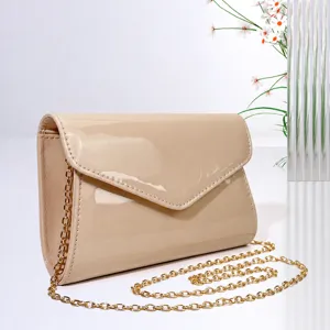 Beige patent leather evening clutch bag with gold chain strap for women party elegant handbag