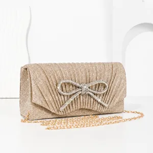 Sparkly rhinestone bow clutch bag evening metallic chain shoulder bag for women
