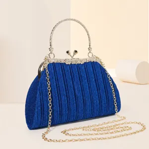 Stunning Blue Glitter Pleated Evening Bag Elegant Dinner Handbag with Gold Chain Strap
