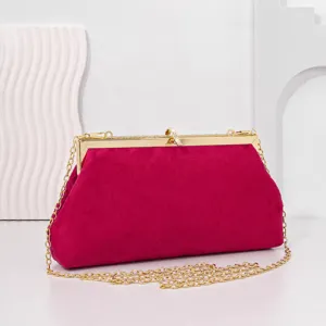 Elegant fuchsia velvet evening bag with gold chain strap, stylish diamond clutch for women.