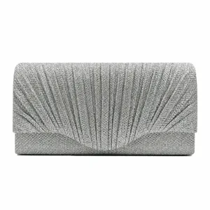 Silver glitter evening clutch bag, elegant pleated envelope design for parties and weddings.
