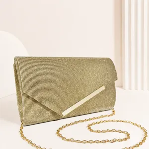 Elegant gold glitter evening clutch bag with metallic bar and chain strap for women parties.
