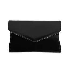 Black patent leather envelope clutch bag for women, elegant evening party handbag.
