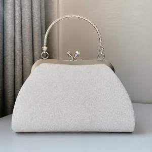 Silver glitter evening bag with metal handle elegant bridal clutch purse for women party wedding