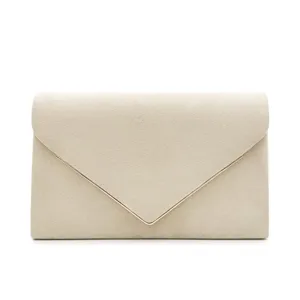Elegant beige suede envelope clutch bag for women, stylish evening bag with metal trim.