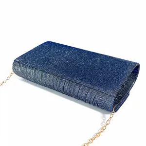 Blue glitter pleated evening bag with gold chain strap elegant clutch purse for women parties