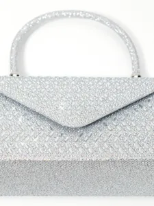 Sparkling silver rhinestone evening bag detail, elegant crystal clutch with round handle.