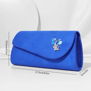 Elegant blue suede evening clutch bag with sparkling rhinestone butterfly decoration for women.
