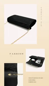 Detail view of black glitter evening clutch bag with gold chain strap and interior storage.