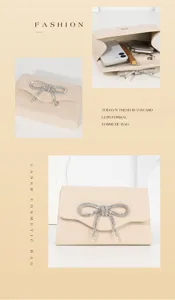 Detail view of the elegant beige faux suede evening clutch featuring a dazzling rhinestone bow.
