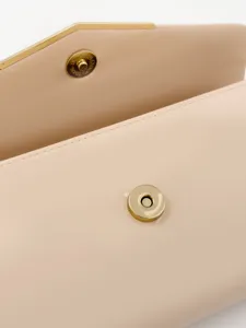 Nude patent PU leather envelope clutch bag metal snap button and hardware detail view