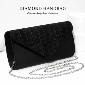 Elegant Pleated Rhinestone Evening Bag Women Satin Clutch Chain Shoulder Bag Wedding Party Purse Handbag
