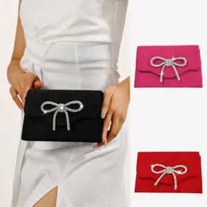 Women's Velvet Evening Bag Rhinestone Bow Clutch Purse Elegant Sparkly Party Handbag Crossbody Bag For Wedding Banquet