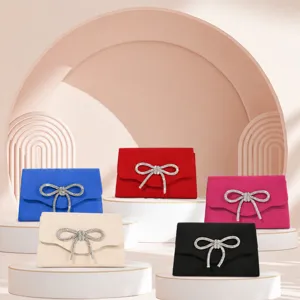 Suede rhinestone bow evening clutch bag fashion colorful women party handbag stylish