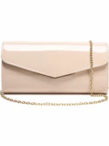 Nude patent leather envelope clutch bag with gold chain, elegant women shoulder bag.