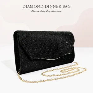 Black glitter diamond evening clutch bag with golden chain for women party wedding dress.