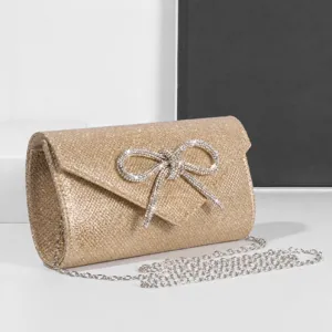 Gold glitter evening bag for women with sparkling rhinestone bow, elegant party crossbody purse.