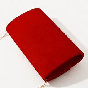 Red velvet evening bag with gold chain strap, elegant wedding bridal clutch for women.