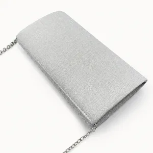 Silver sparkly glitter evening bag with chain strap, elegant clutch for wedding and party.