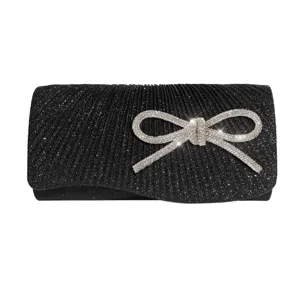 Black glitter pleated evening clutch bag with rhinestone bow for party and wedding events