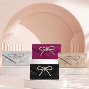 Elegant rhinestone bow evening clutch bag, sparkly mini party wedding shoulder bag for women.