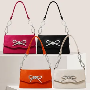Elegant Suede Evening Bag For Women Rhinestone Bow Handbag Luxury French Style Chain Shoulder Bag Wedding Party Purse