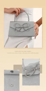 Detail view of silver rhinestone bow evening bag, featuring sparkling sequins and clasp.