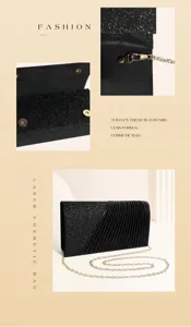 Details of black glitter clutch evening bag with pleats and chain strap for women.