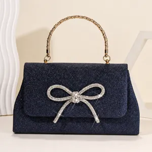 Sparkling rhinestone bow evening handbag stylish dark blue sequin top handle bag for women