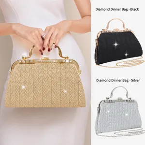 PVC Vintage Rhinestone Evening Bag Glitter Clutch Purse With Metallic Chain Crossbody Shoulder Bag