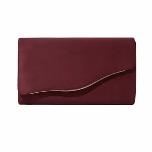 Burgundy velvet evening clutch bag, elegant minimalist suede purse for women formal events.
