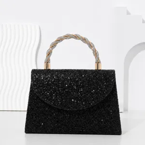Black glitter evening bag with rhinestone twisted handle, elegant bridal clutch purse for women